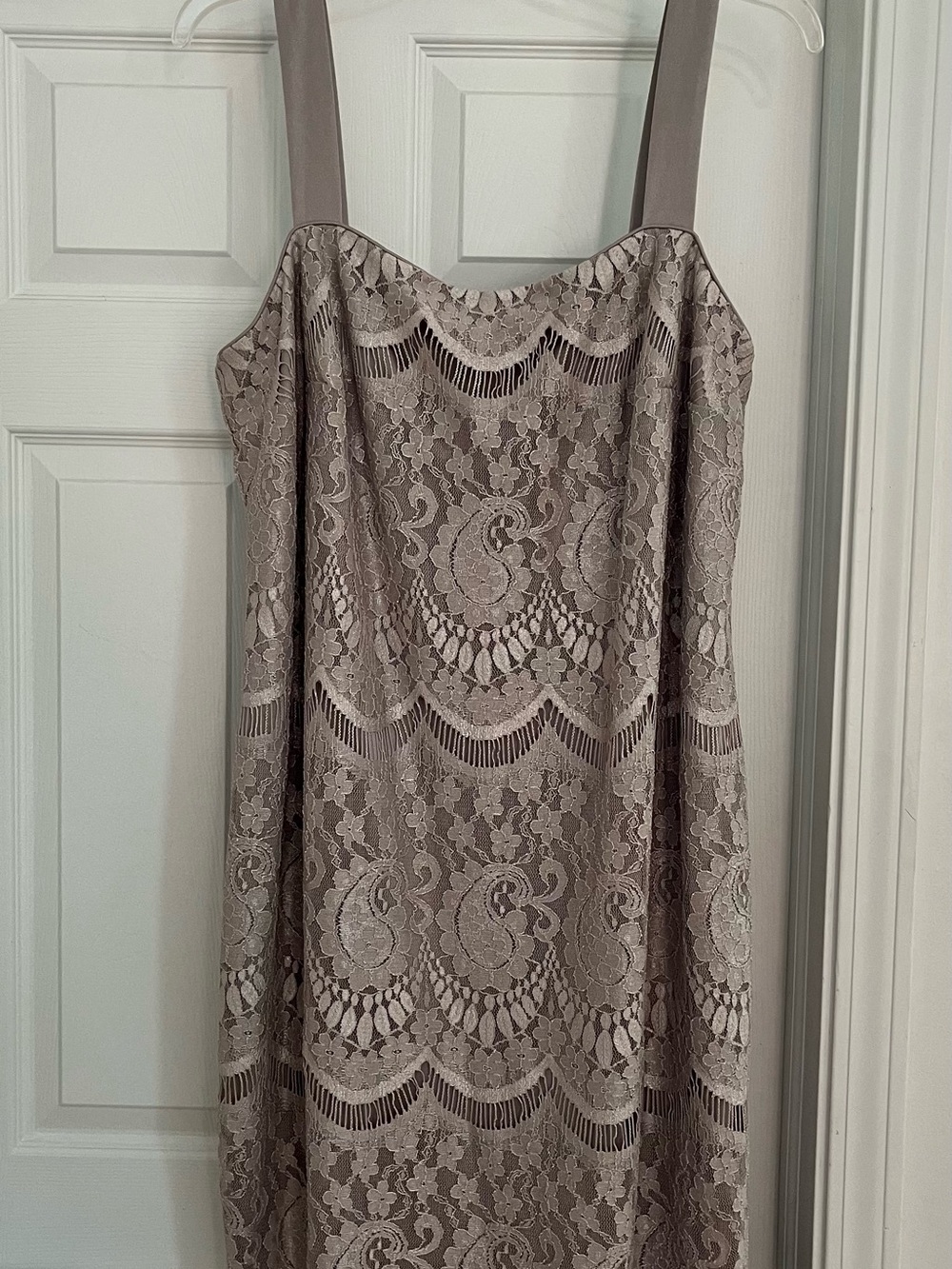 R & M Richards Taupe Lace A-Line Dress with Sheer Wrap Jacket